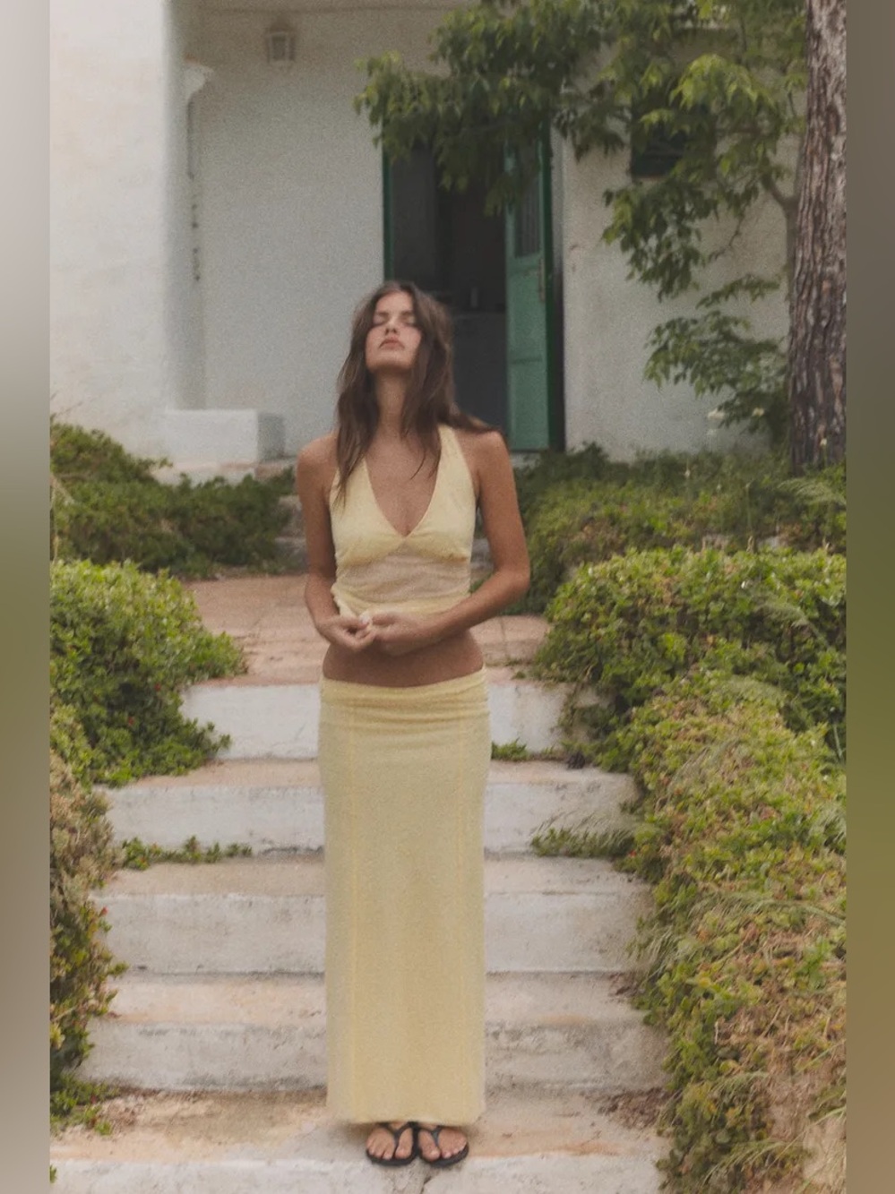 Sheer Yellow V-Neck Maxi 2 piece skirt and top